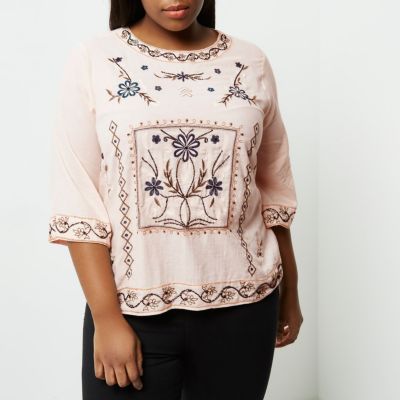 Plus pink floral embroidered top